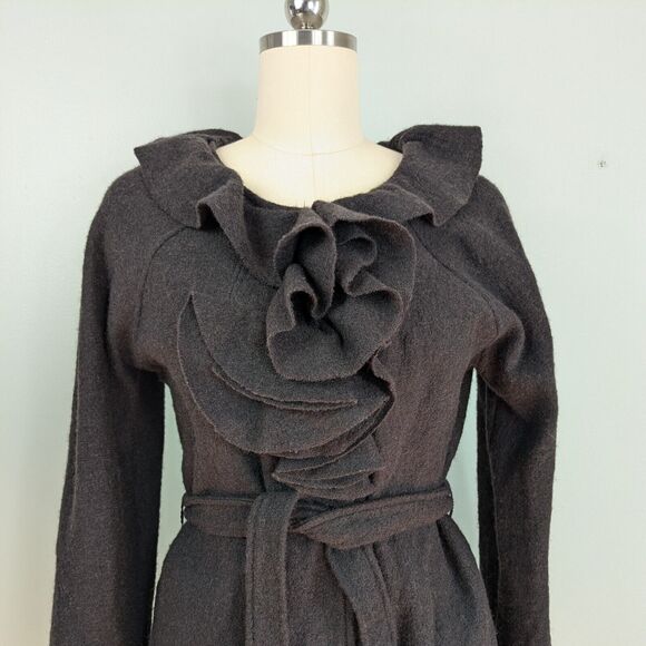 Cynthia Rowley Wool Cardigan Sweater L Brown Jacket Duster Ruffle Whimsigoth - Picture 3 of 8